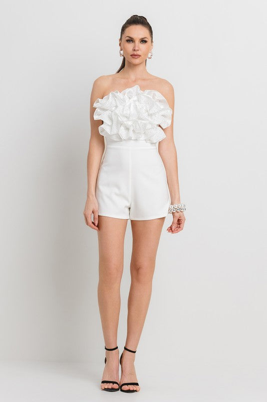 HOT FIX ATTACHED ORGANZA RUFFLE FRONT NIGHT OUT ROMPER