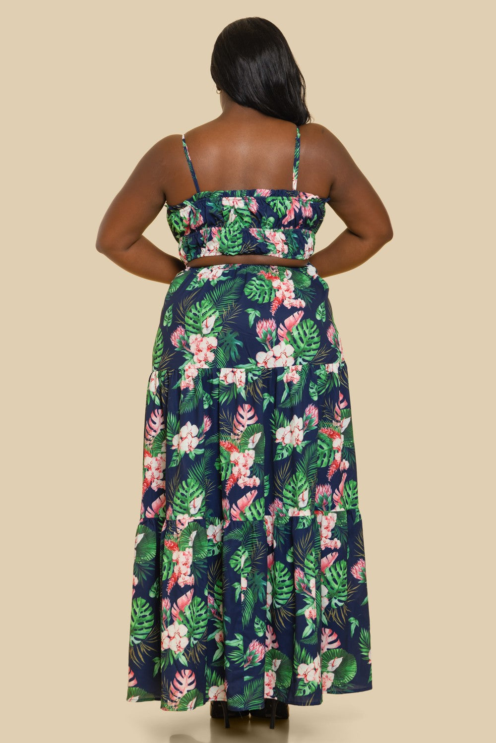 ELASTIC NECKLINE W BACK WAIST CUTOUT TIERED MAXI DRESS