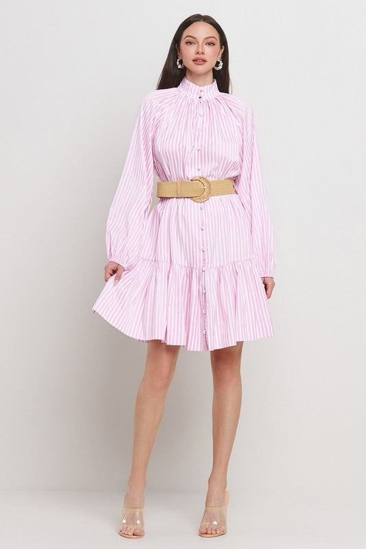 STRIPE BAND COLLAR BALLOON SLEEVE TIERED SKIRT DRESS