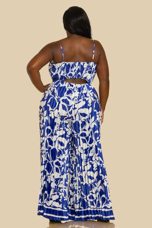 PLUS PRINTED V NECK OPEN BACK PLEATED JUMPSUIT