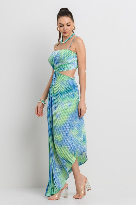 PLEATED ASYMETRIC HEMLINE TIE DYE MIDI DRESS