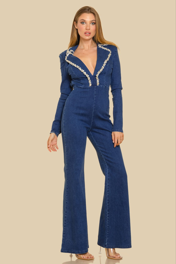 EMBELLISHED NOTCHED COLLAR LONG SLV DENIM JUMPSUIT