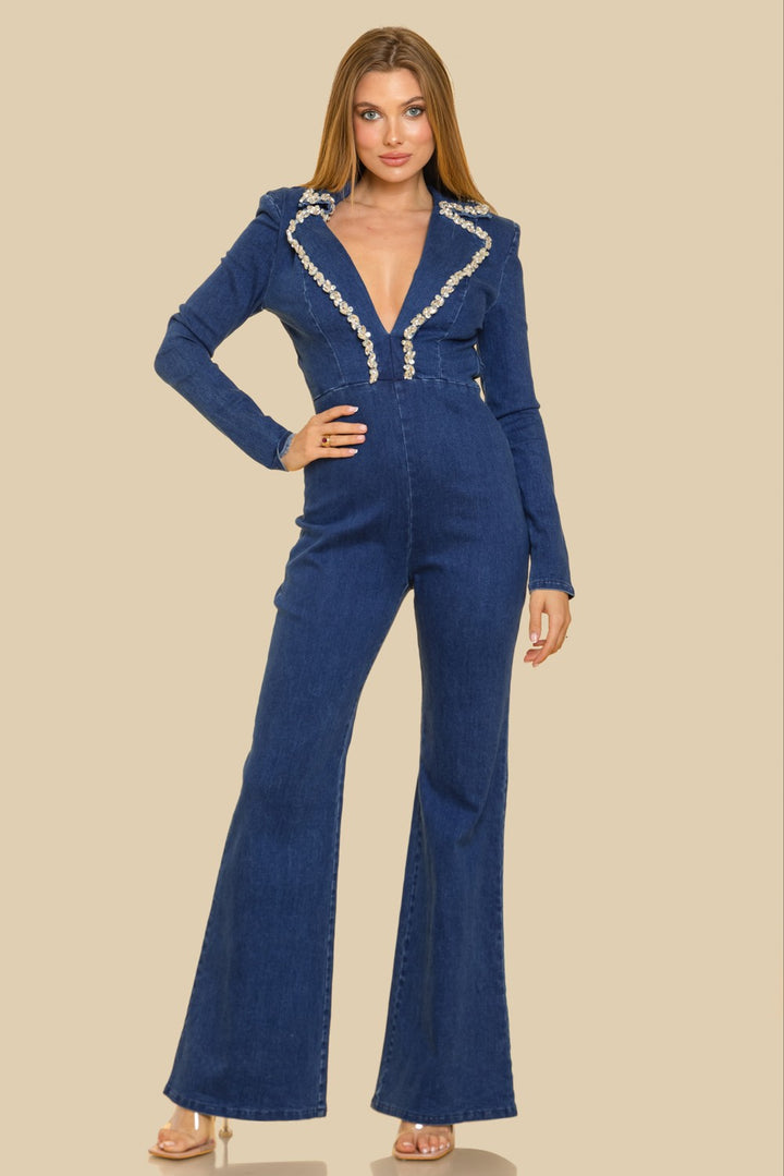 EMBELLISHED NOTCHED COLLAR LONG SLV DENIM JUMPSUIT