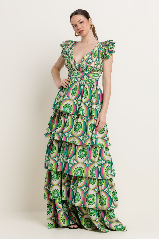 PRINTED RUFFLE MAXI DRESS