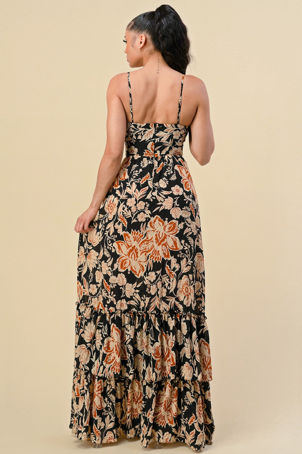 FLORAL PRINT RUFFLED STRAP SHOULDER MAXI DRESS