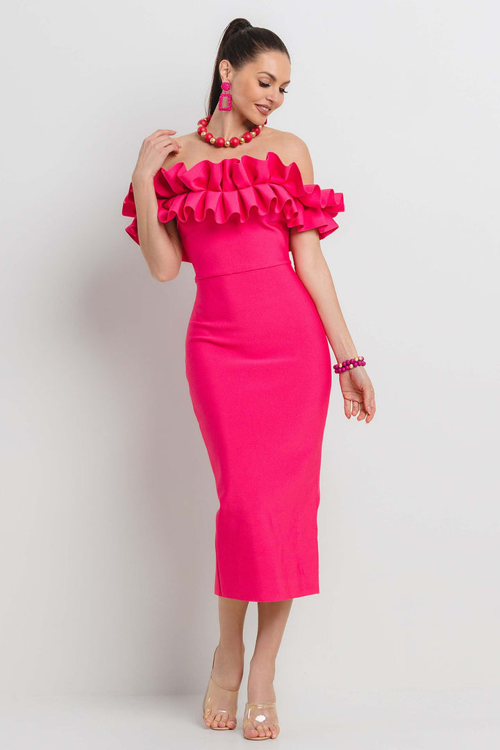 PLEATED RUFFLE OFF SHOULDER BANDAGE MIDI DRESS