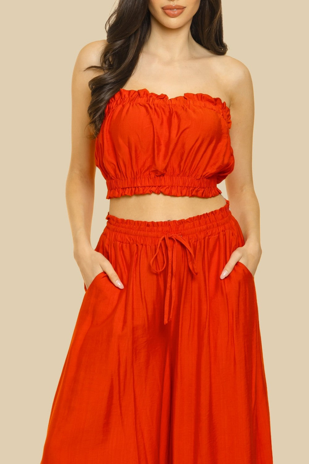 SHIRRED TUBE TOP WITH MATCHING PALAZZO PANTS SET