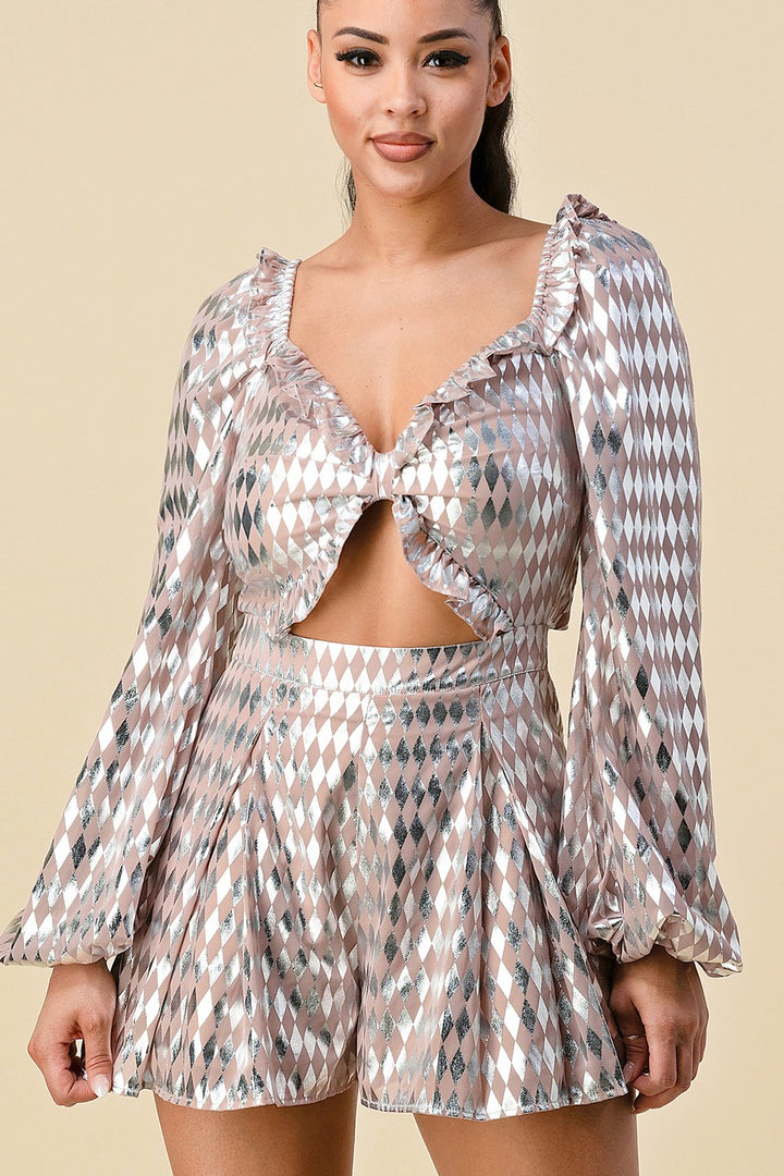 DIAMOND SHAPE PRINTED RIBBON DETAIL ROMPER