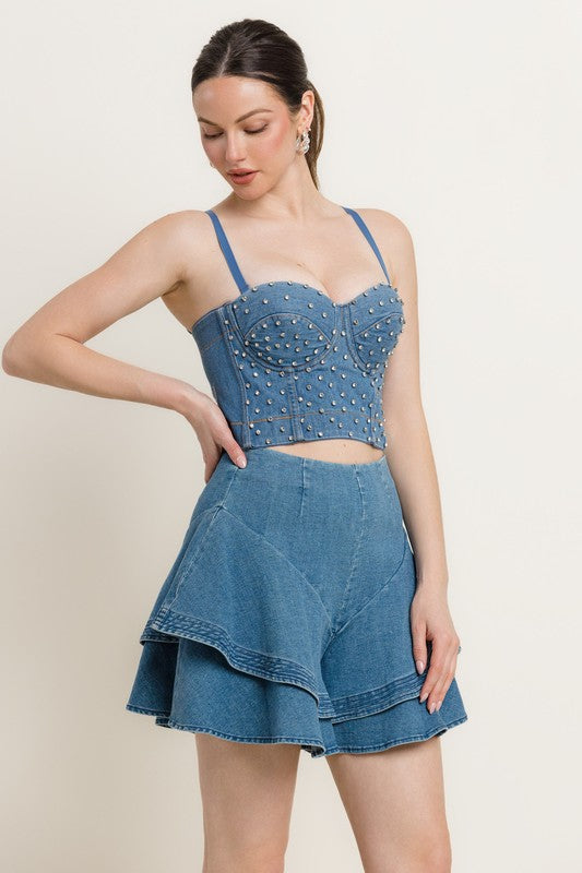 RHINESTONE DETAILS DENIM BUSTIER