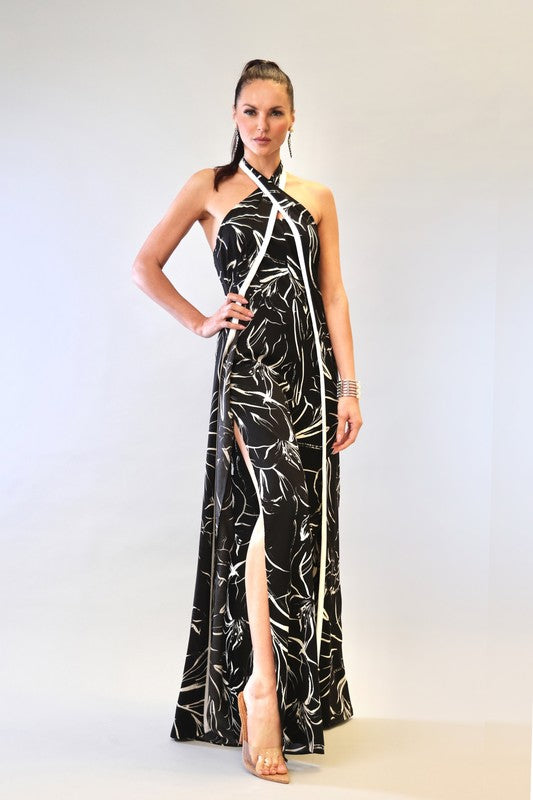 PRINT W CONTRAST BINDING HALTER NECK WIDE LEG JUMP