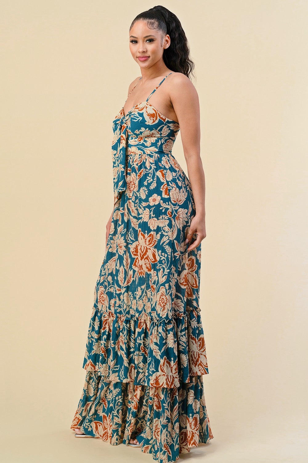 FLORAL PRINT RUFFLED STRAP SHOULDER MAXI DRESS