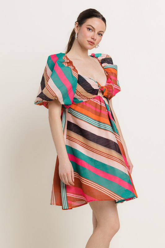 MULTI COLOR UNEVEN STRIPE SHORT SLV FIT & FLARE DRESS