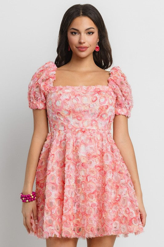 3D FLOWER PUFF SLEEVE MINI DRESS