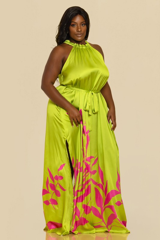 PLUS SHIRRED HALTER NECK SIDE SLIT LONG MAXI DRESS