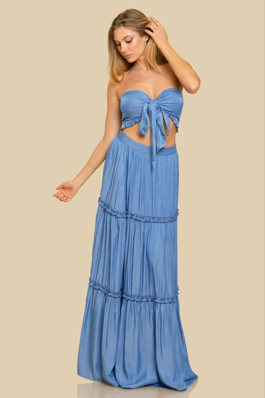 SWEET HEART NECKLINE CROP TOP W/ MATCHING TIERED MAXI SKIRT