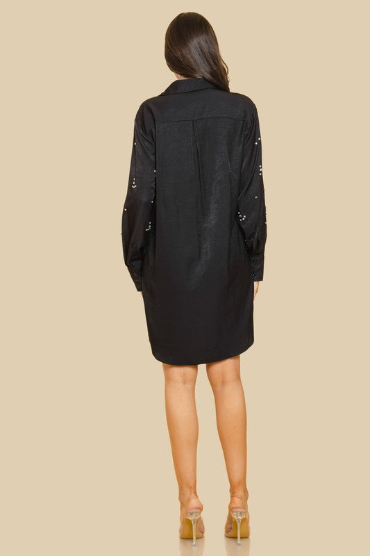 BUTTON FRONT LONG SLEEVE SHIRT DRESS W EMBELLISHME