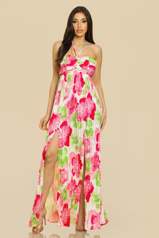 PRINT PLEATE MAXI DRESS