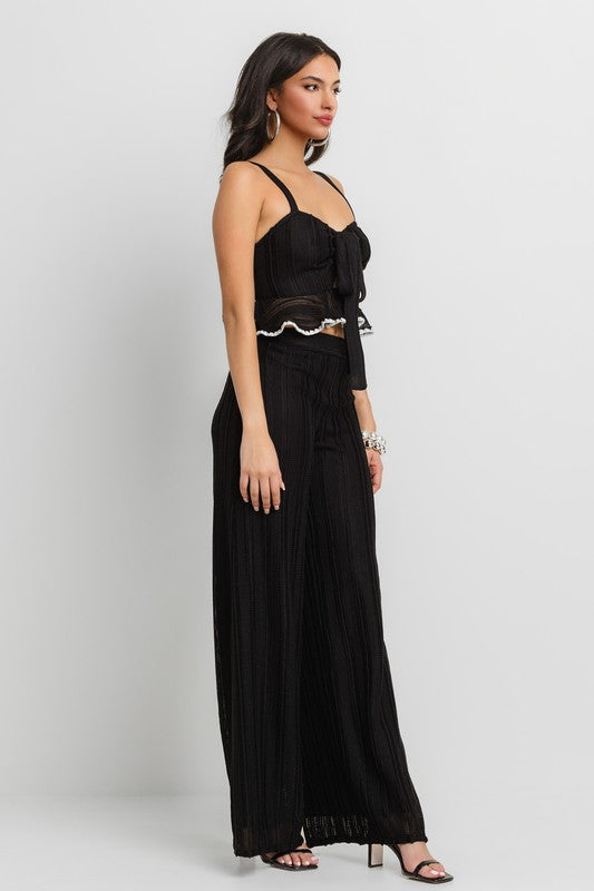 FRONT TIE RUFFLE ATTACHED CROP TOP AND WIDE LEG PANTS