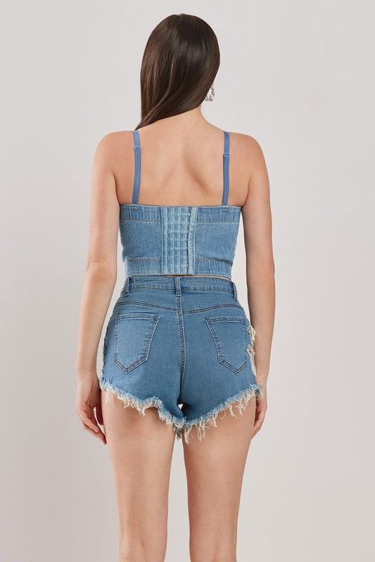 FLORAL PATCH DETAIL DENIM BUSTIER SETS