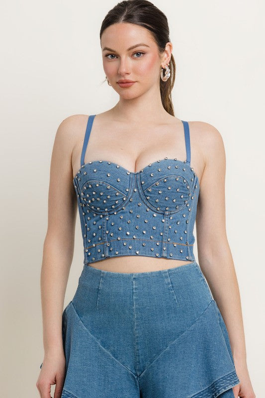 RHINESTONE DETAILS DENIM BUSTIER