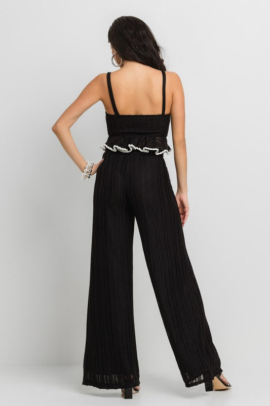 FRONT TIE RUFFLE ATTACHED CROP TOP AND WIDE LEG PANTS