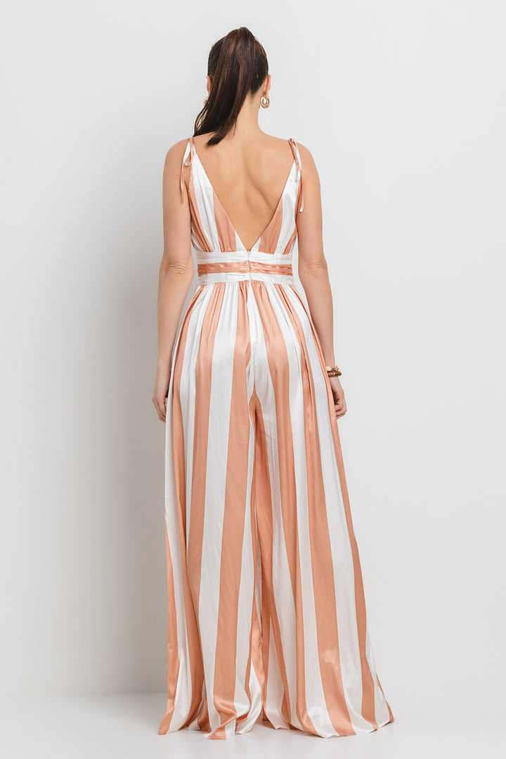 SATIN WIDE EVEN STRIPE WIDE LEG JUMPSUIT