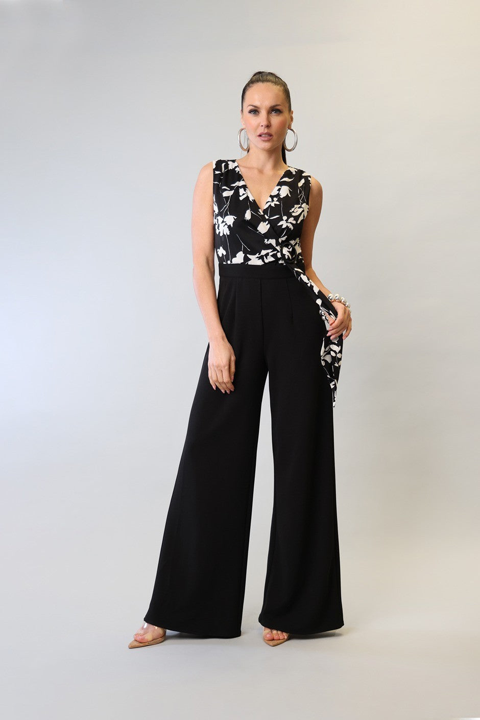 PRINTED OVERWRAP SLEEVELESS SOLID  PANTS JUMPSUIT