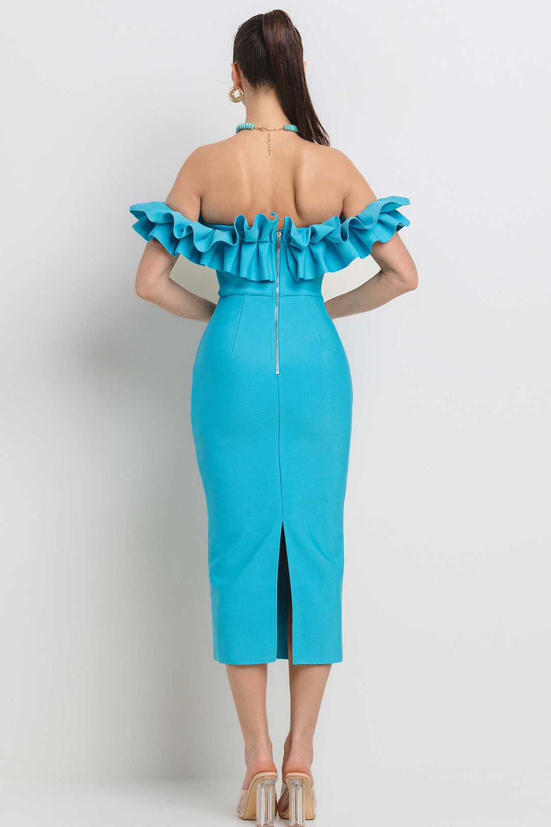 PLEATED RUFFLE OFF SHOULDER BANDAGE MIDI DRESS