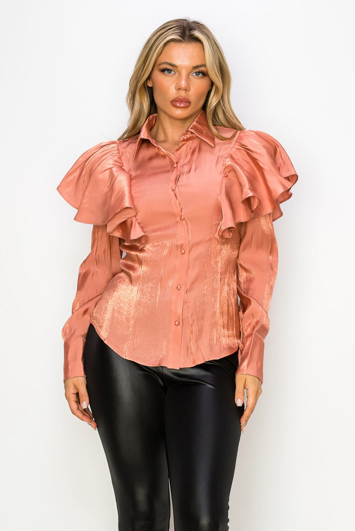 SHOULDER RUFFLES LONG SLEEVE BLOUSE