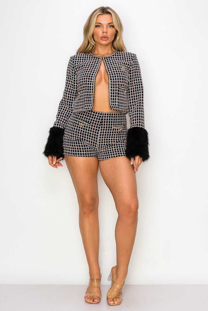 LONG SLEEVE FUR DETAIL JACKET WITH SET SHORTS