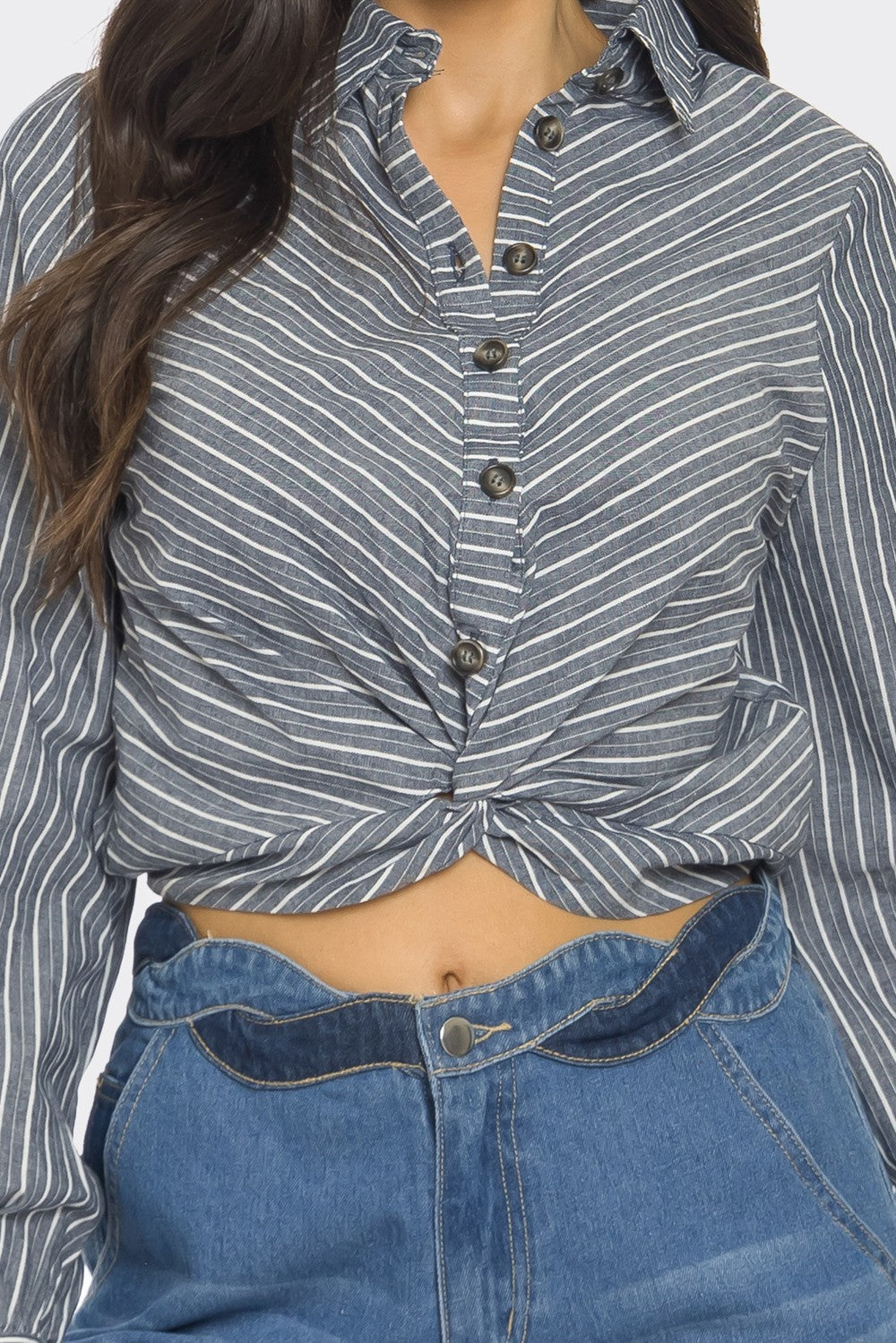 FRONT WAIST STRIPED CROP BLOUSE