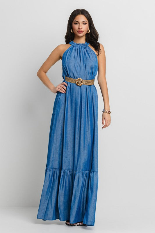 HALTER NECK SIDE SLIT MAXI DRESS WITH BELT