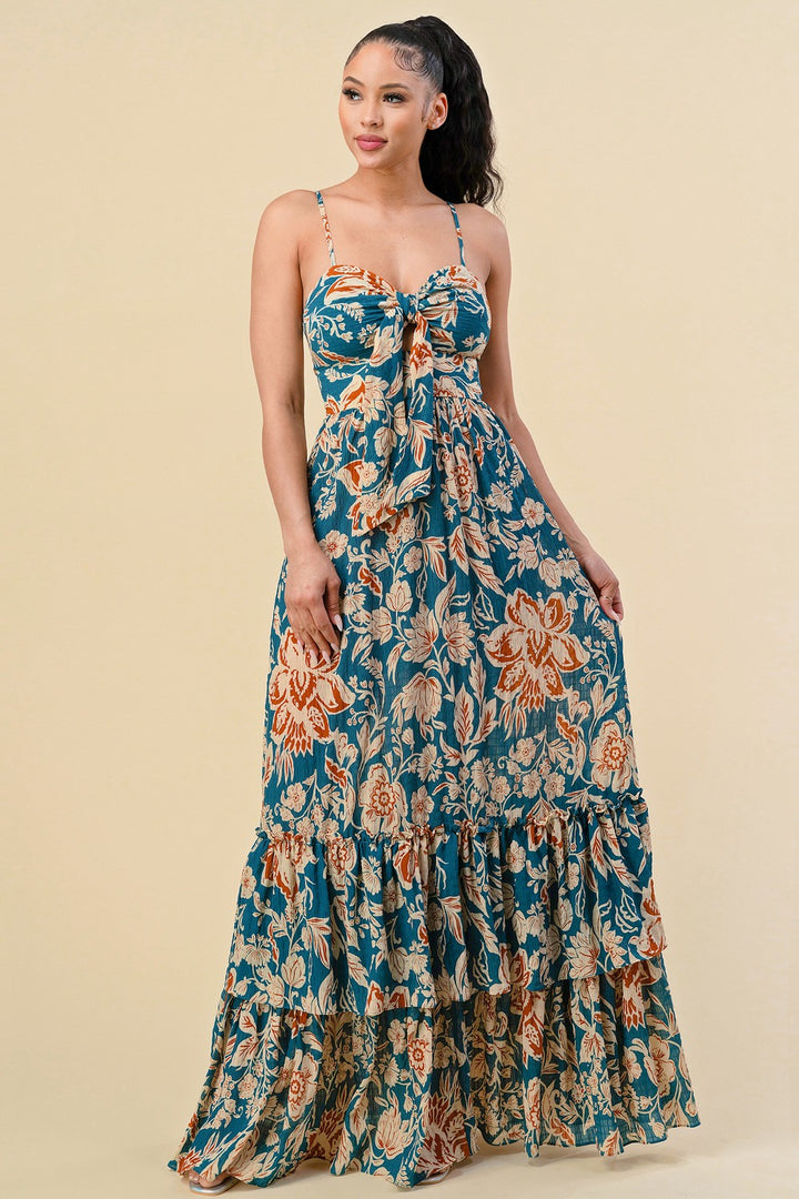 FLORAL PRINT RUFFLED STRAP SHOULDER MAXI DRESS