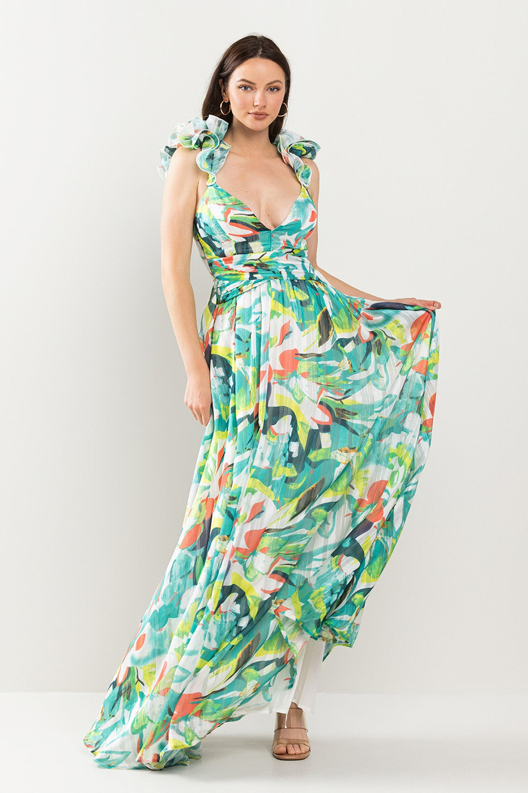 RUFFLED SHOULDER MAXI DRESS