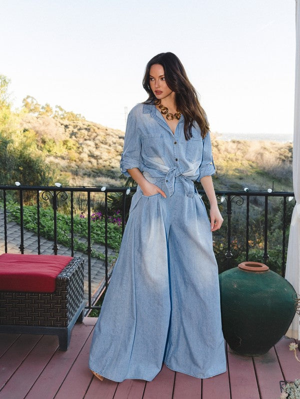 BUTTON DOWN SHIRT LONG SLV W/ MATCHING PALAZZO PANTS SET