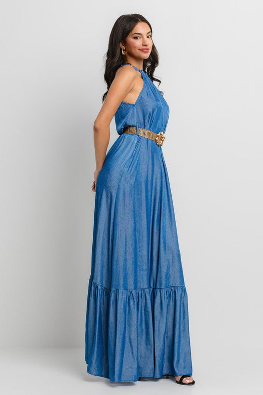 HALTER NECK SIDE SLIT MAXI DRESS WITH BELT