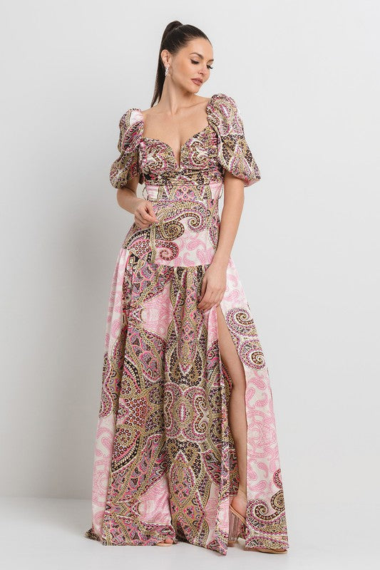 PRINTED SIDE SLIT MAXI DRESS W BELT