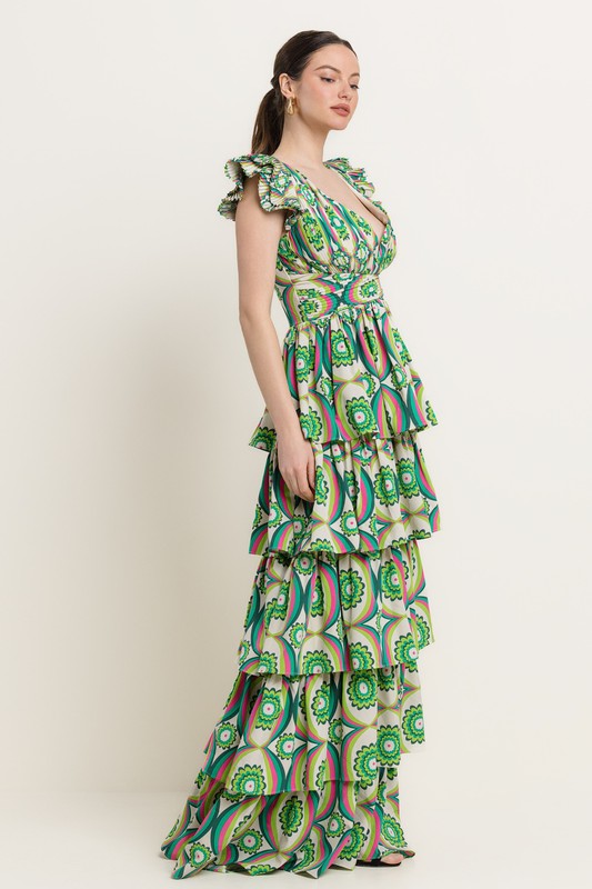 PRINTED RUFFLE MAXI DRESS