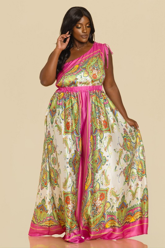 SATIN BORDER PRINT ONE SHOULDER MAXI DRESS PLUS