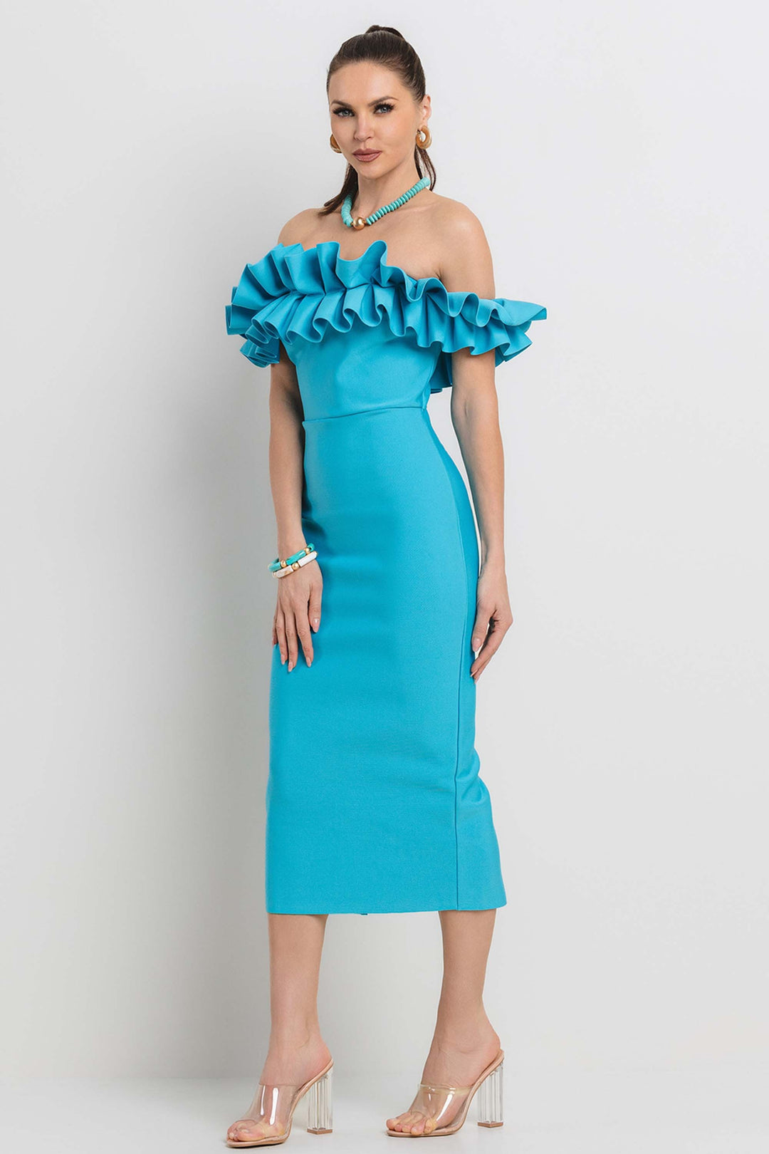 PLEATED RUFFLE OFF SHOULDER BANDAGE MIDI DRESS