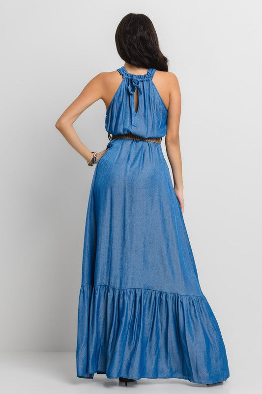 HALTER NECK SIDE SLIT MAXI DRESS WITH BELT