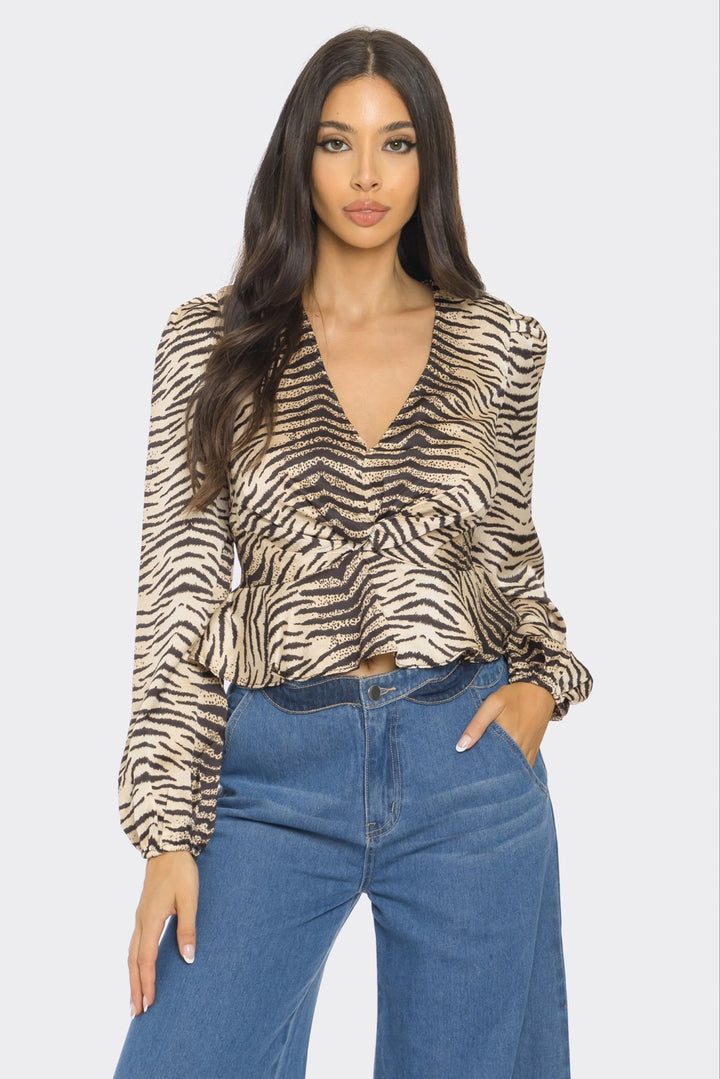 ZEBRA PRINT V-NECK LONG SLEEVE TOP