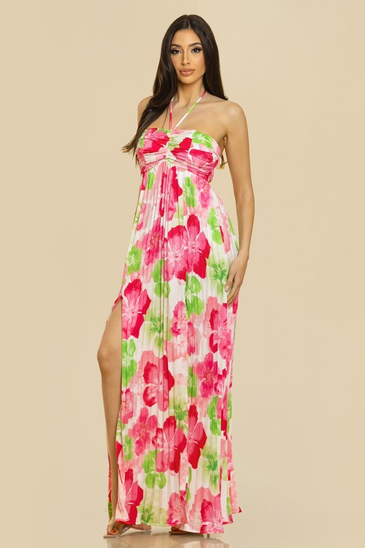 PRINT PLEATE MAXI DRESS