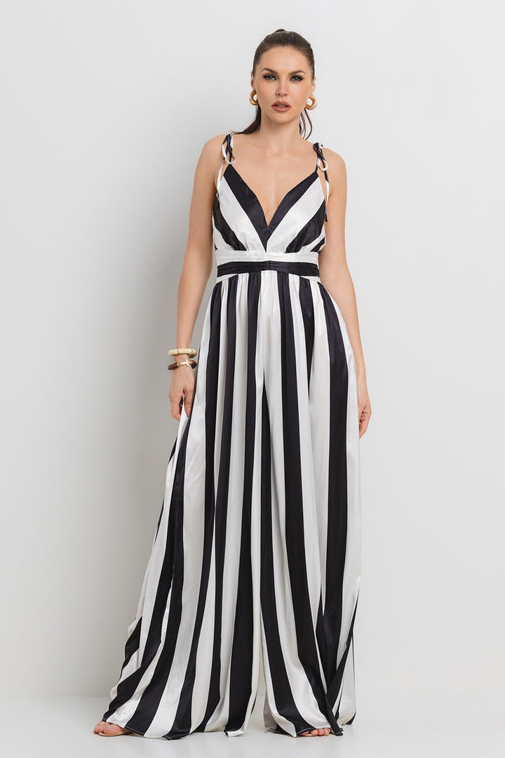 SATIN WIDE EVEN STRIPE WIDE LEG JUMPSUIT