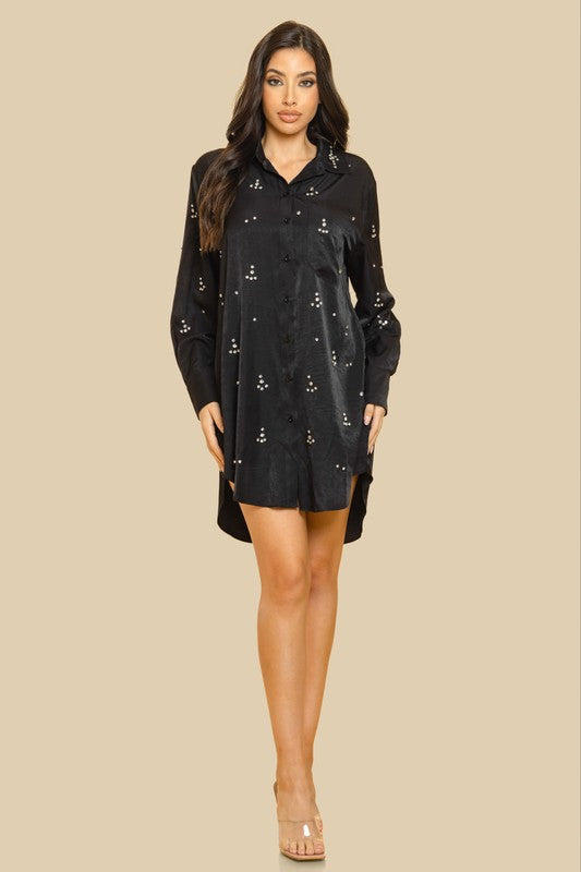 BUTTON FRONT LONG SLEEVE SHIRT DRESS W EMBELLISHME