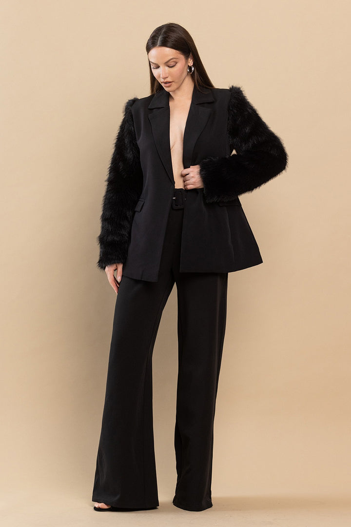 FAUX FUR SLEEVES BLAZER AND PANTS SET