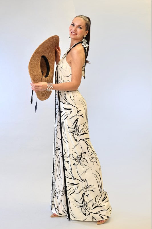 PRINT W CONTRAST BINDING HALTER NECK WIDE LEG JUMP