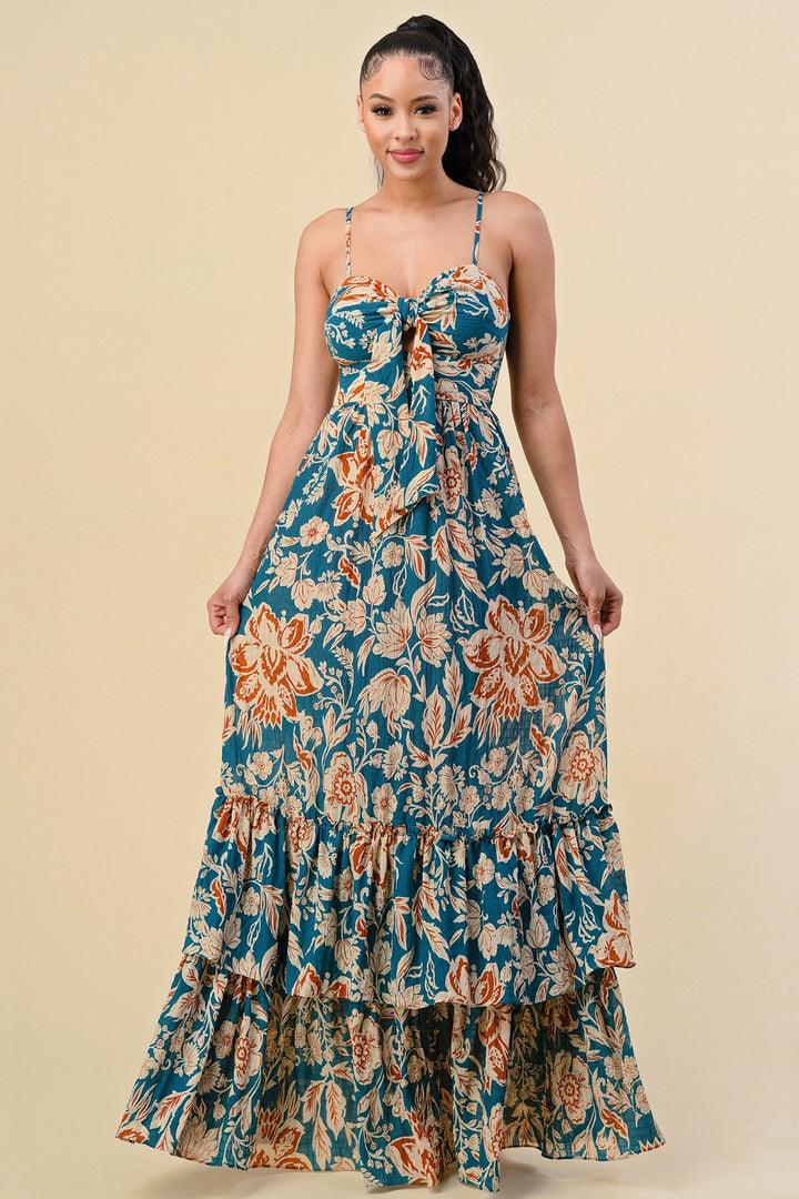 FLORAL PRINT RUFFLED STRAP SHOULDER MAXI DRESS