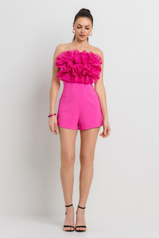 HOT FIX ATTACHED ORGANZA RUFFLE FRONT NIGHT OUT ROMPER