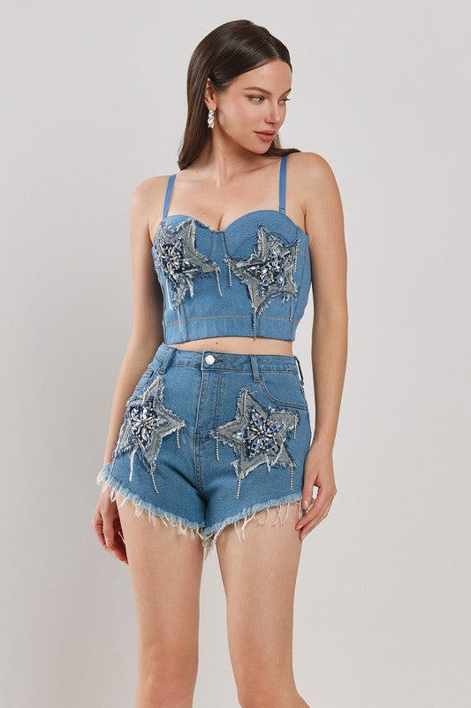 STAR PATCH DETAIL DENIM BUSTIER SETS